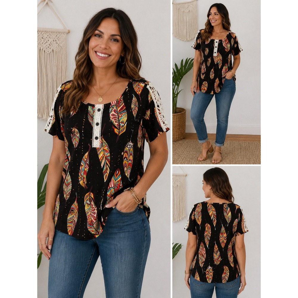 Love U Dear XL Feather Print Boho Top Lace Shoulder Short Sleeve Women's Blouse